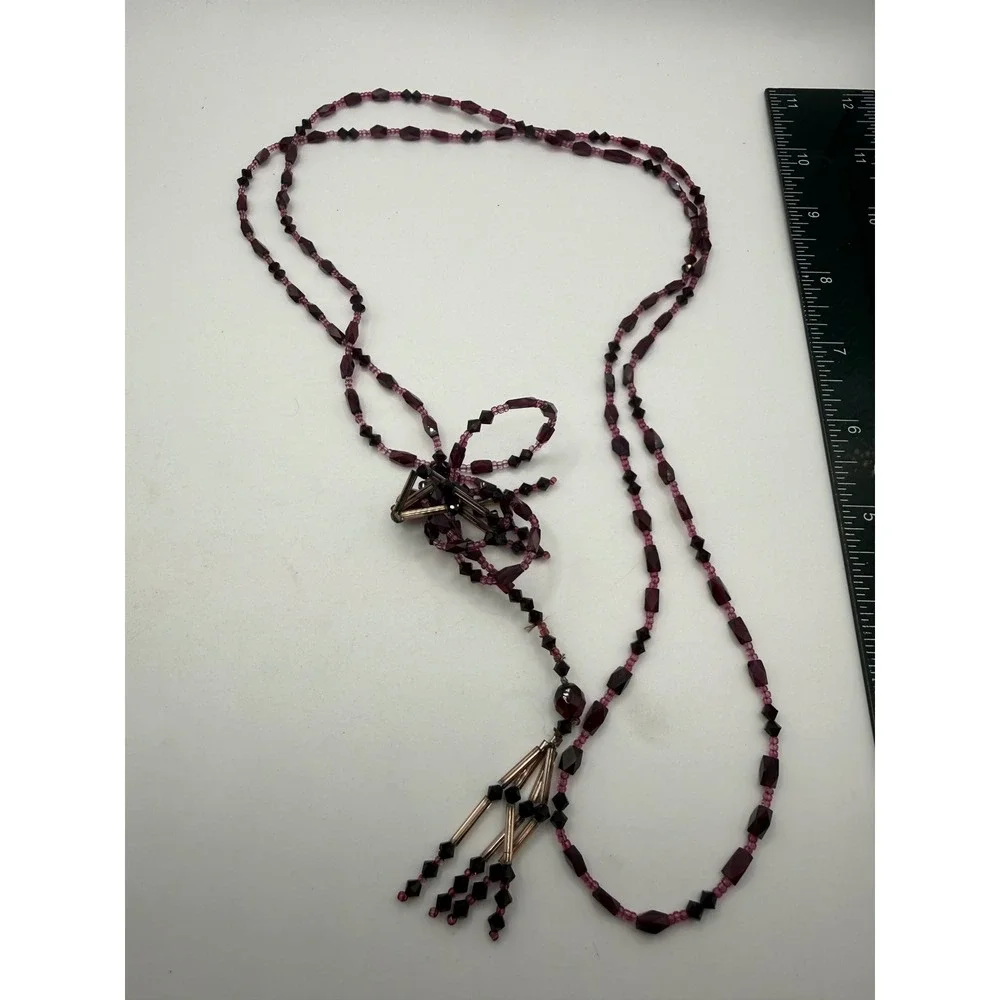 Vintage Burgundy Faceted Glass Bead Lariat Tassel Necklace Long 42 Inch Wrap‎